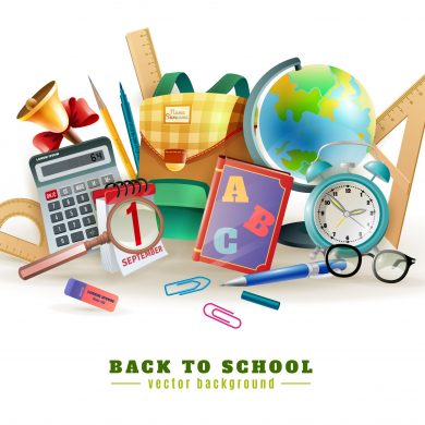 Back to school background poster for with office stationary supply items alarm clock and classroom accessories vector illustration